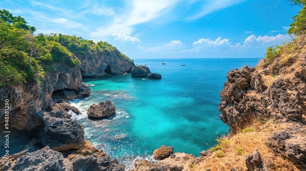 Stunning Southeast Asian island with turquoise waters and rocky cliffs, idyllic escape Stunning Southeast Asian island with turquoise waters and rocky cliffs, idyllic escape