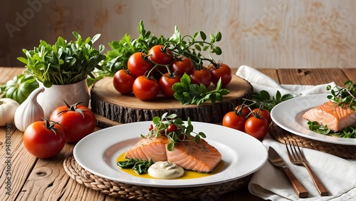 cooked salmon with creamy sauce on a white plate as well as fresh vegetables on a textured wooden table