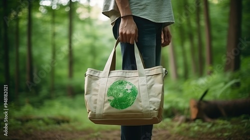 Individual Walking with Green Tote Bag Under Spring Tree