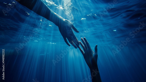 A hand reaching out to another hand in the water. Concept of connection and unity