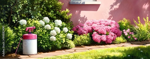 A vibrant garden scene featuring blooming flowers and a spray can, perfect for gardening and landscaping visuals. photo