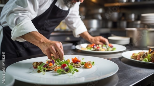 Expert Chef Preparing Healthy Gourmet Salad in Restaurant Kitchen