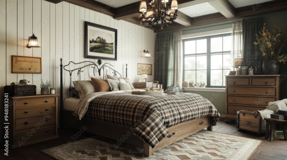 Fototapeta premium Cozy Rustic Bedroom with a View