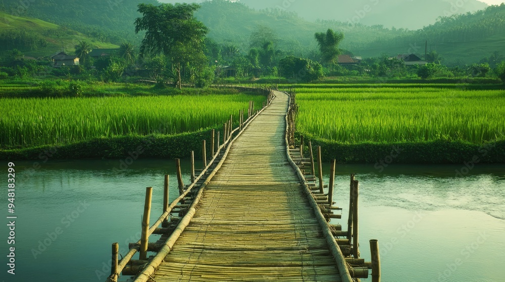 Naklejka premium Traditional Southeast Asian bamboo bridge crossing a serene river, surrounded by green fields