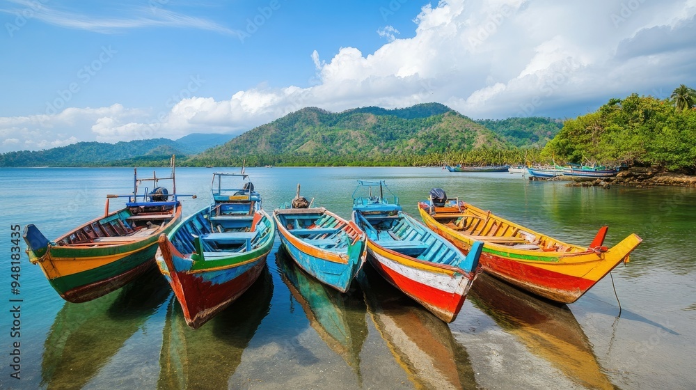 Traditional Southeast Asian fishing boats anchored in a calm bay, vibrant colors, no people Traditional Southeast Asian fishing boats anchored in a calm bay, vibrant colors, no people
