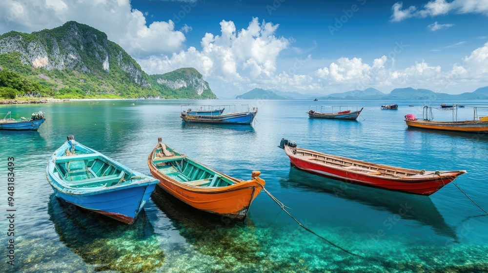 Traditional Southeast Asian fishing boats anchored in a calm bay, vibrant colors, no people Traditional Southeast Asian fishing boats anchored in a calm bay, vibrant colors, no people