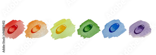 Valokuva Watercolor dew drops, rainbow set, hand painted on paper, isolated on white back