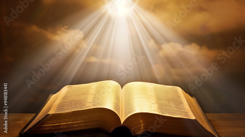 A book is open to a page with a sun shining on it. The sun is casting a warm glow on the pages of the book
