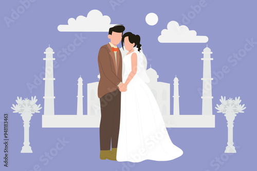 The couple stands romantically.