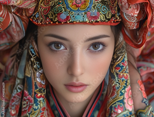 a close-up portrait of a young woman wearing a traditional Russian headdress. 