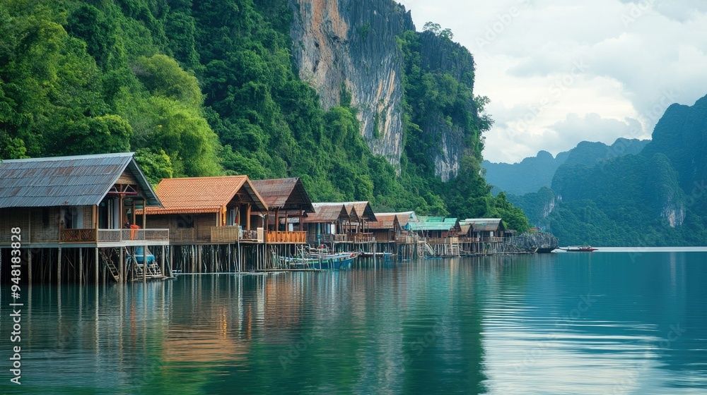 Traditional Southeast Asian fishing village with stilt houses, calm water, and mountain backdrop Traditional Southeast Asian fishing village with stilt houses, calm water, and mountain backdrop