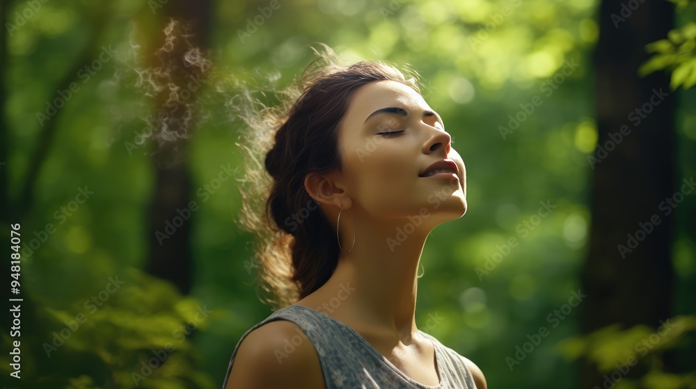 A calm, contemplative woman with curly hair gazes up, relaxing under a yellow tree. A calm, contemplative woman with curly hair gazes up, relaxing under a yellow tree.