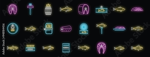 Glowing neon line icons of herring fish, fillet, barrel, can and other elements for your design