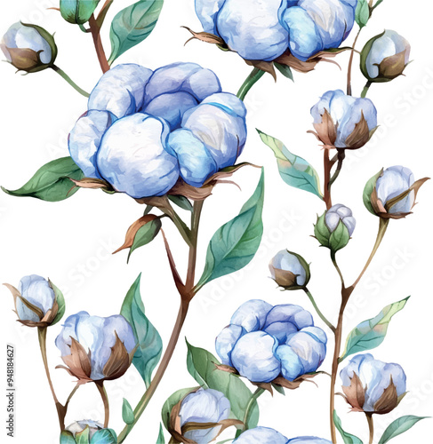 Watercolor blue cotton pattern on a transparent background. Watercolor cotton in a pattern, on a transparent background. Template for textiles, backgrounds, etc.