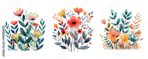 Watercolor flowers in folk style png. Collection of flowers from leaves, flower bouquets. Spring art print with botanical elements. Watercolor vector botany