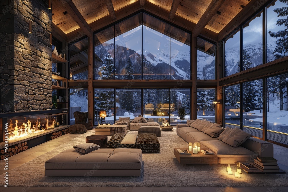 Wabi Sabi Modern Chalet Interior with Rustic Stone Walls, Wooden Beams, Open Kitchen, Fireplace, and High Ceiling Wabi Sabi Modern Chalet Interior with Rustic Stone Walls, Wooden Beams, Open Kitchen, Fireplace, and High Ceiling