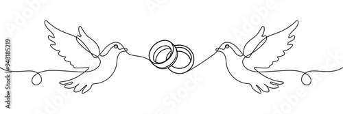 One continuous line drawing of Wedding rings and white dove. Romantic invitation design and symbol engagement and love marriage in simple linear style. Editable stroke. Doodle vector illustration