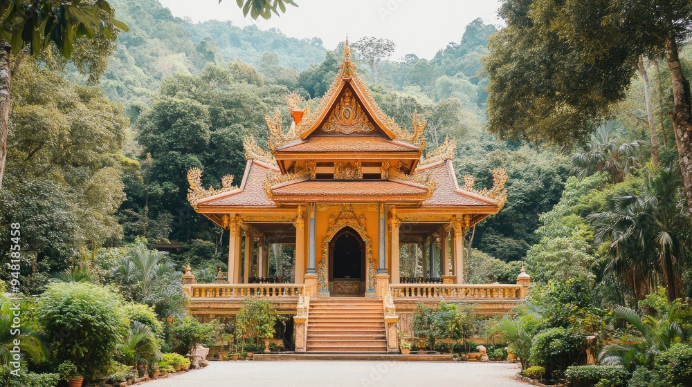 Traditional Southeast Asian pagoda with ornate details, surrounded by lush greenery, cultural charm Traditional Southeast Asian pagoda with ornate details, surrounded by lush greenery, cultural charm