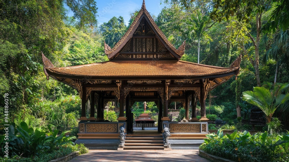 Traditional Southeast Asian pagoda with ornate details, surrounded by lush greenery, cultural charm Traditional Southeast Asian pagoda with ornate details, surrounded by lush greenery, cultural charm