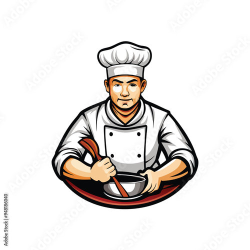 Generate a realistic vector illustration of a chef wearing a white chef's hat and uniform, stirring a pot with a wooden spoon.