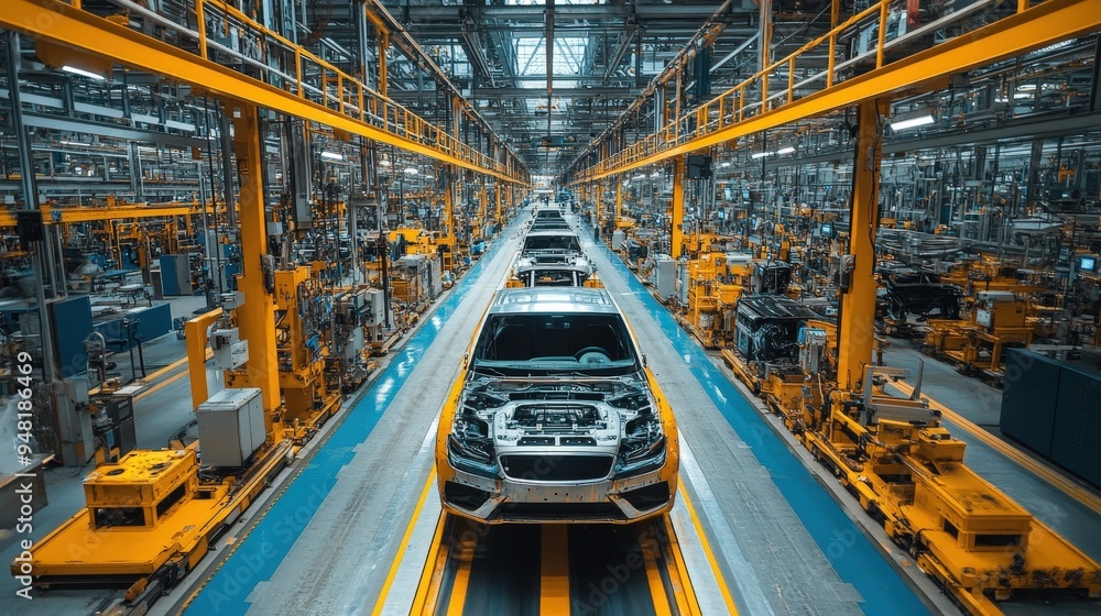 A series of vehicles are positioned on a moving assembly line inside a spacious automotive factory. Workers and machines are actively involved in the assembly process, ensuring efficient production A series of vehicles are positioned on a moving assembly line inside a spacious automotive factory. Workers and machines are actively involved in the assembly process, ensuring efficient production