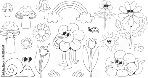 Retro groovy coloring pages, cartoon flowers characters, line drawing