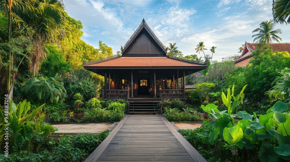 Traditional Southeast Asian wooden house surrounded by tropical plants, cultural heritage site Traditional Southeast Asian wooden house surrounded by tropical plants, cultural heritage site