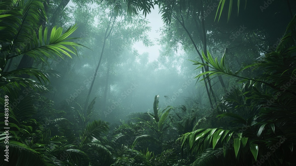 Tranquil Southeast Asian rainforest with dense foliage and misty atmosphere, perfect for nature themes Tranquil Southeast Asian rainforest with dense foliage and misty atmosphere, perfect for nature themes