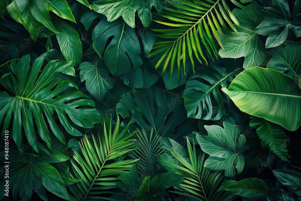 A dense arrangement of various tropical leaves demonstrates the rich textures and shades of green found in nature, highlighting their natural beauty A dense arrangement of various tropical leaves demonstrates the rich textures and shades of green found in nature, highlighting their natural beauty