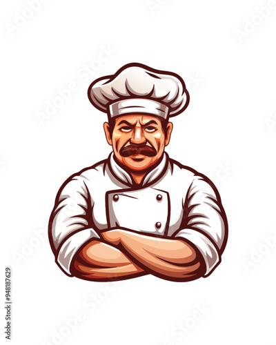 A realistic vector illustration of a chef wearing a white toque, a white chef jacket, a black mustache, and arms crossed.