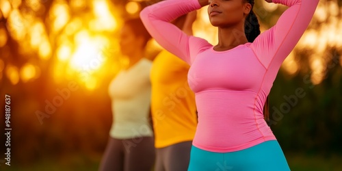 women's fitness group workout session in golden hour sunlight - focus on female with pink long sleeve top and blue leggings. photo