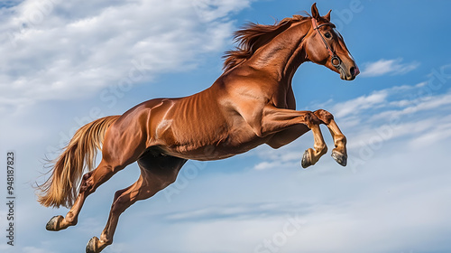 Powerful Brown Horse Mid Air Leap Across Cloudy Sky photo