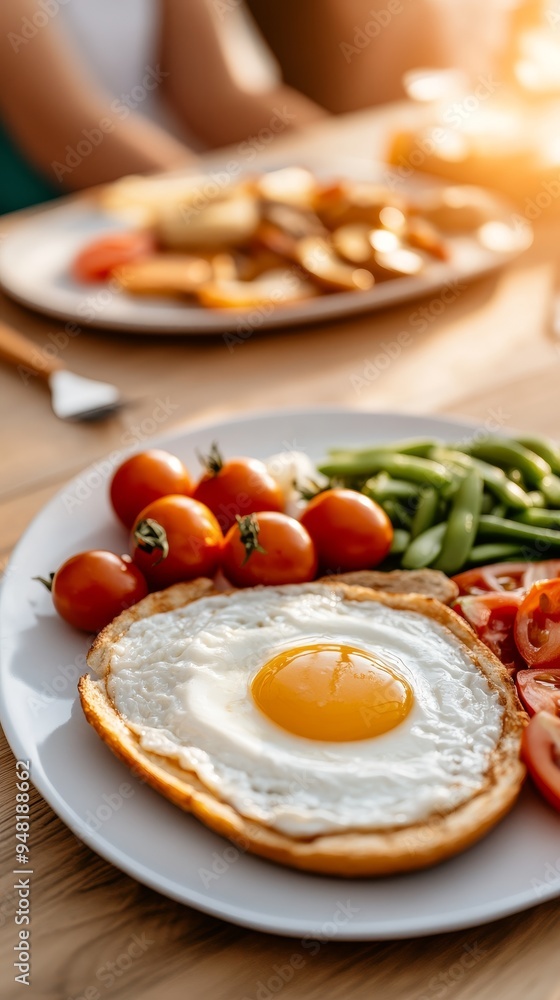 sunny-side up egg breakfast with tomatoes, green beans, and toast on a white plate, close-up. sunny-side up egg breakfast with tomatoes, green beans, and toast on a white plate, close-up.