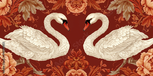 Fototapeta Naklejka Na Ścianę i Meble -  Luxurious swan and ruby pattern on rich red background, elegant and calming design
