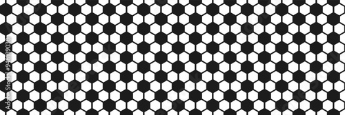 Simple hexagon black and white bg with soccer balls pattern. Abstract vector endless football background. Honeycomb wallpaper. Floor or wall tile in sport syle