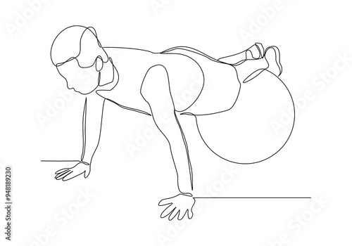 Continuous single line sketch drawing young energetic man exercise sit up and stretch with fitness ball in gym fitness healthy lifestyle sport vector illustration