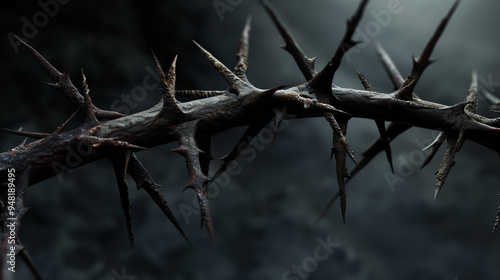 A twisted, thorny wreath made of branches. The wreath is made of many small branches, and it looks like it is made of thorns photo