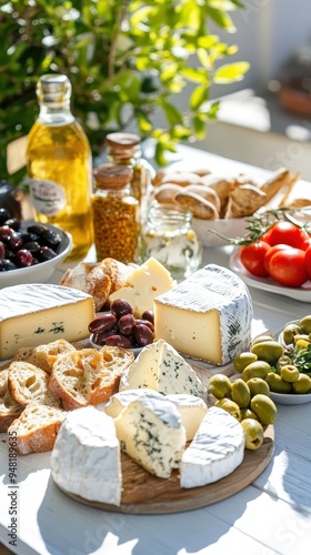 Enjoying a sunny Mediterranean summer day, a table is loaded with an array of cheeses, olives, breads, and fresh vegetables