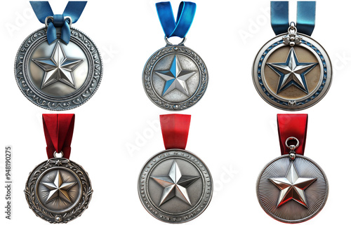 Medals with star designs in silver finish and different ribbons isolated on transparent background photo