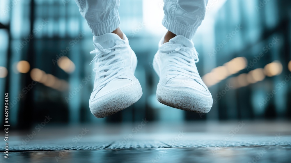 Focused close-up of white sneakers mid-jump, highlighting dynamic motion and contemporary style against an urban, sleek background, denotes youthful energy. Focused close-up of white sneakers mid-jump, highlighting dynamic motion and contemporary style against an urban, sleek background, denotes youthful energy.