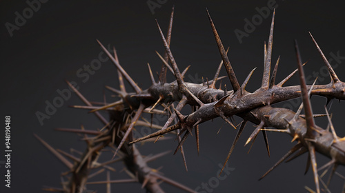 A twisted, thorny wreath made of branches. The wreath is made of many small branches, and it looks like it is made of thorns photo