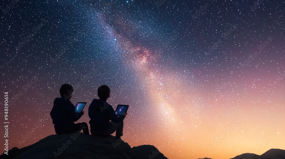 Desert Stargazing Adventure: Tourists Using Tablets with Stargazing Apps on Ultra-Detail 32K Clear Night Sky,Generative AI Desert Stargazing Adventure: Tourists Using Tablets with Stargazing Apps on Ultra-Detail 32K Clear Night Sky,Generative AI