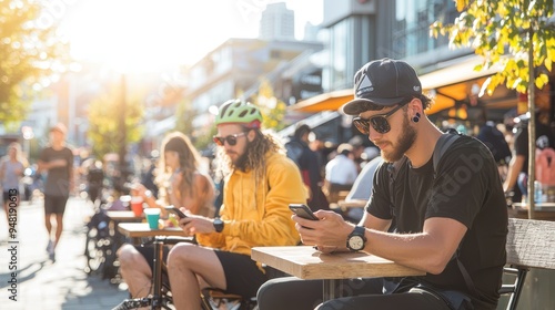 Active Cyclists Monitoring Fitness Stats on Smartwatches in Urban Cafe Setting | High-Resolution 32K Ultra-Detailed Image,Generative AI