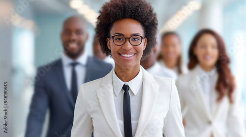 Confident female leader with a diverse team in a modern office setting, symbolizing leadership, teamwork, and success. photo