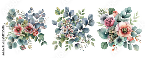 Watercolor vintage bouquets of flowers with eucalyptus and roses png. Vintage watercolor bouquets of flowers on a transparent background. Watercolor elements for wedding invitations, graduations, etc.