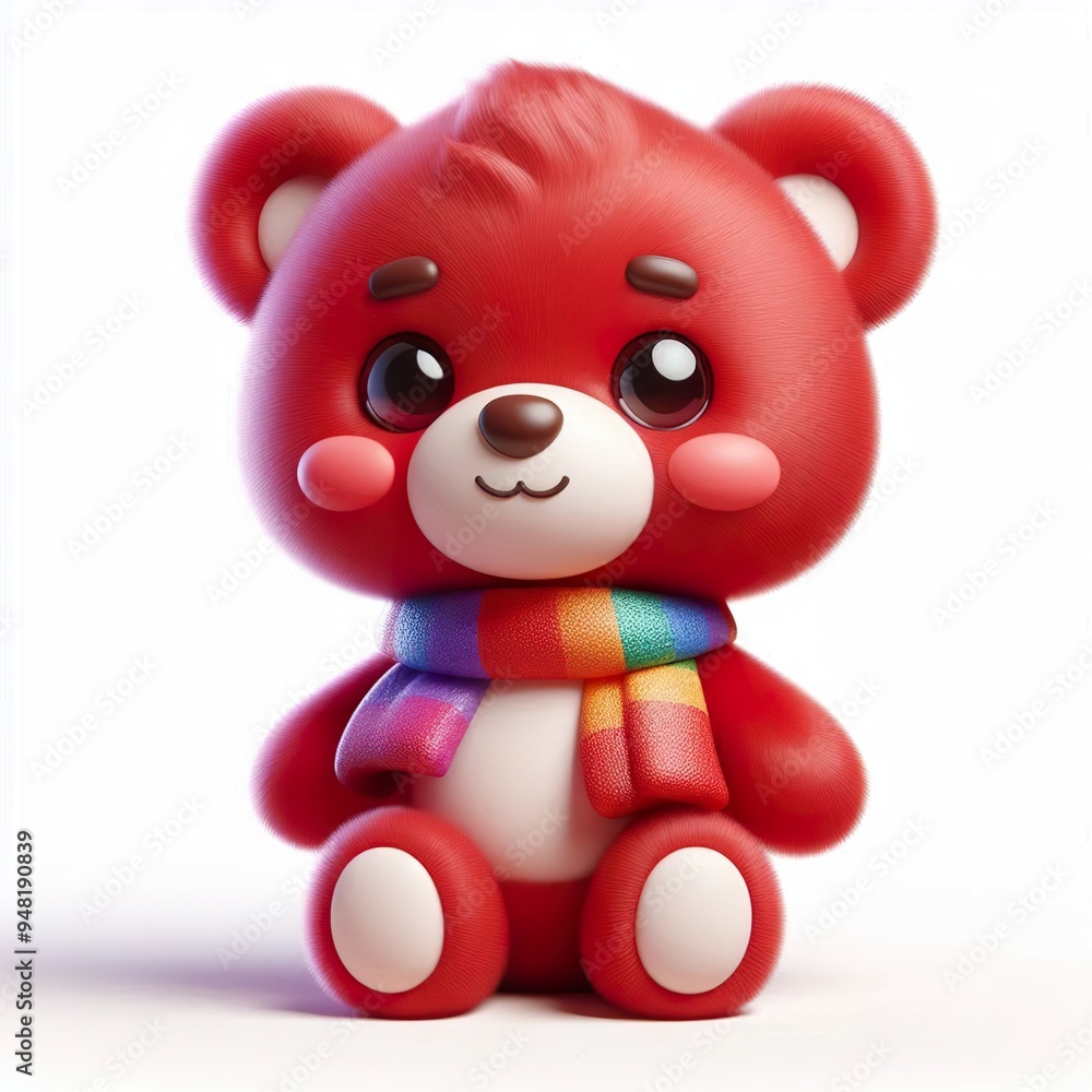 cute 3d fluffy red teddy bear character with colorful scarf