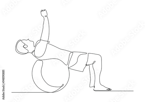 Continuous single line sketch drawing young energetic man exercise sit up and stretch with fitness ball in gym fitness healthy lifestyle sport vector illustration