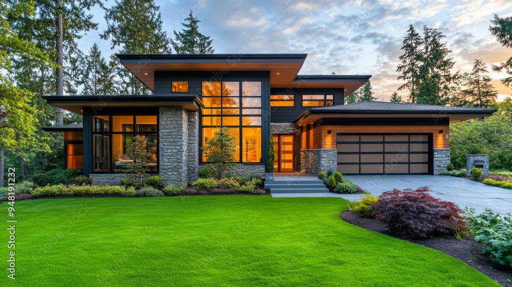 A large house with a green lawn and a driveway A large house with a green lawn and a driveway