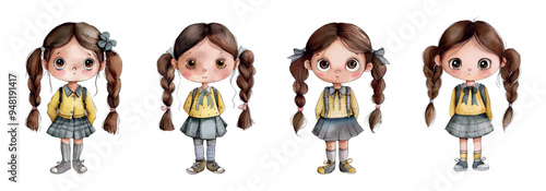 A set of watercolor characters of schoolgirl girls png. Cute schoolchildren with hair in ponytails on a transparent background. Schoolchildren png. Vector illustration.