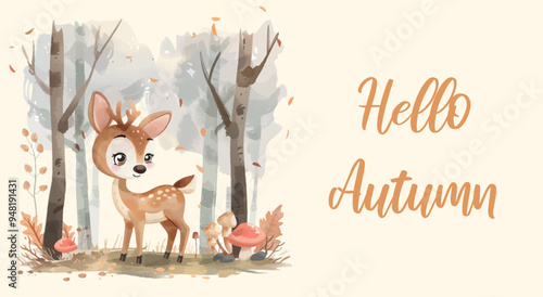 Hello autumn, cute baby deer on the forest background. Autumn banner. Vector illustration.